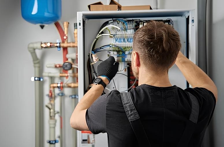 HVAC Technician checking AC pressures with gauges